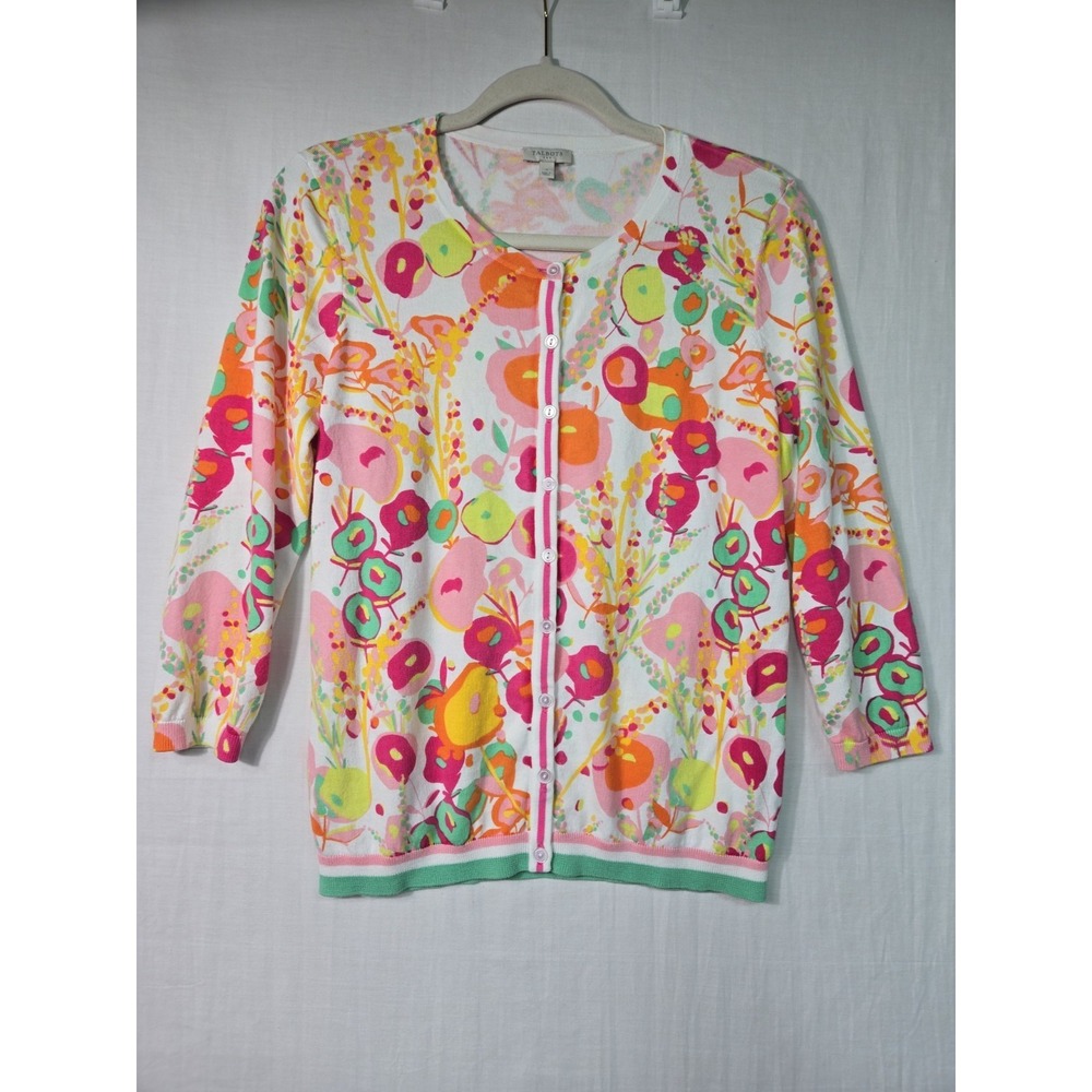 Talbots‎ Women's S Floral Abstract Button Up Cardigan Pink Orange Colorful 3/4 S